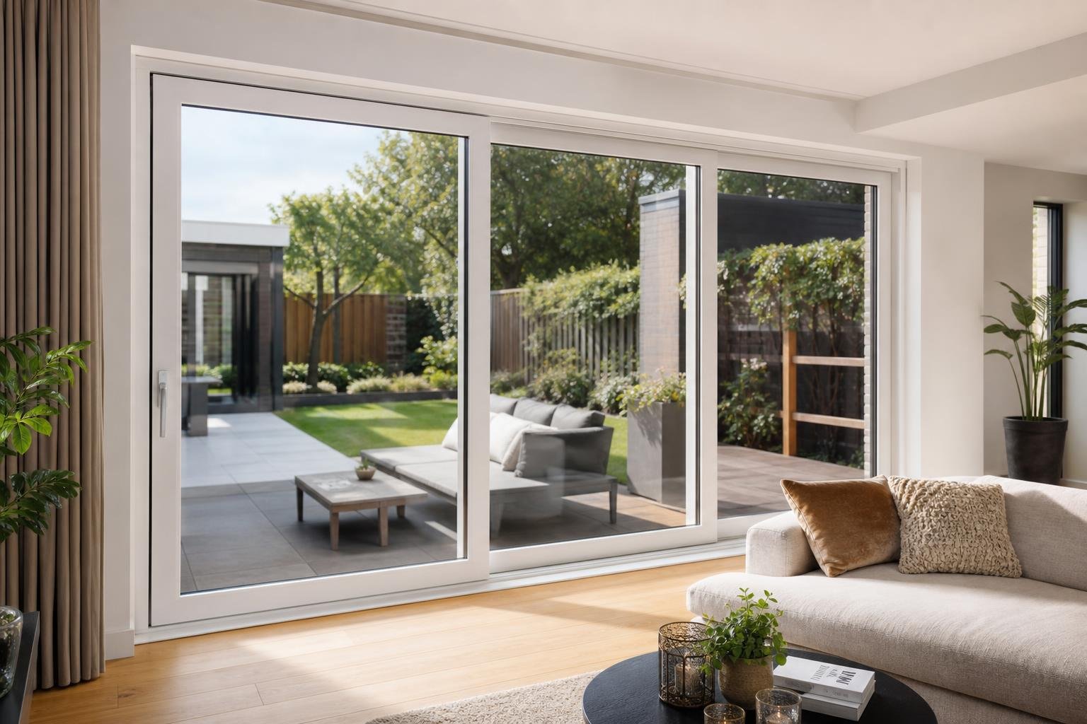 Bright living room with large white kunststof sliding doors opening to a garden terrace