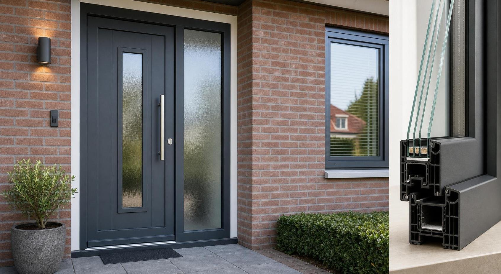 Anthracite kunststof front door with frosted side window in a renovated brick home entrance